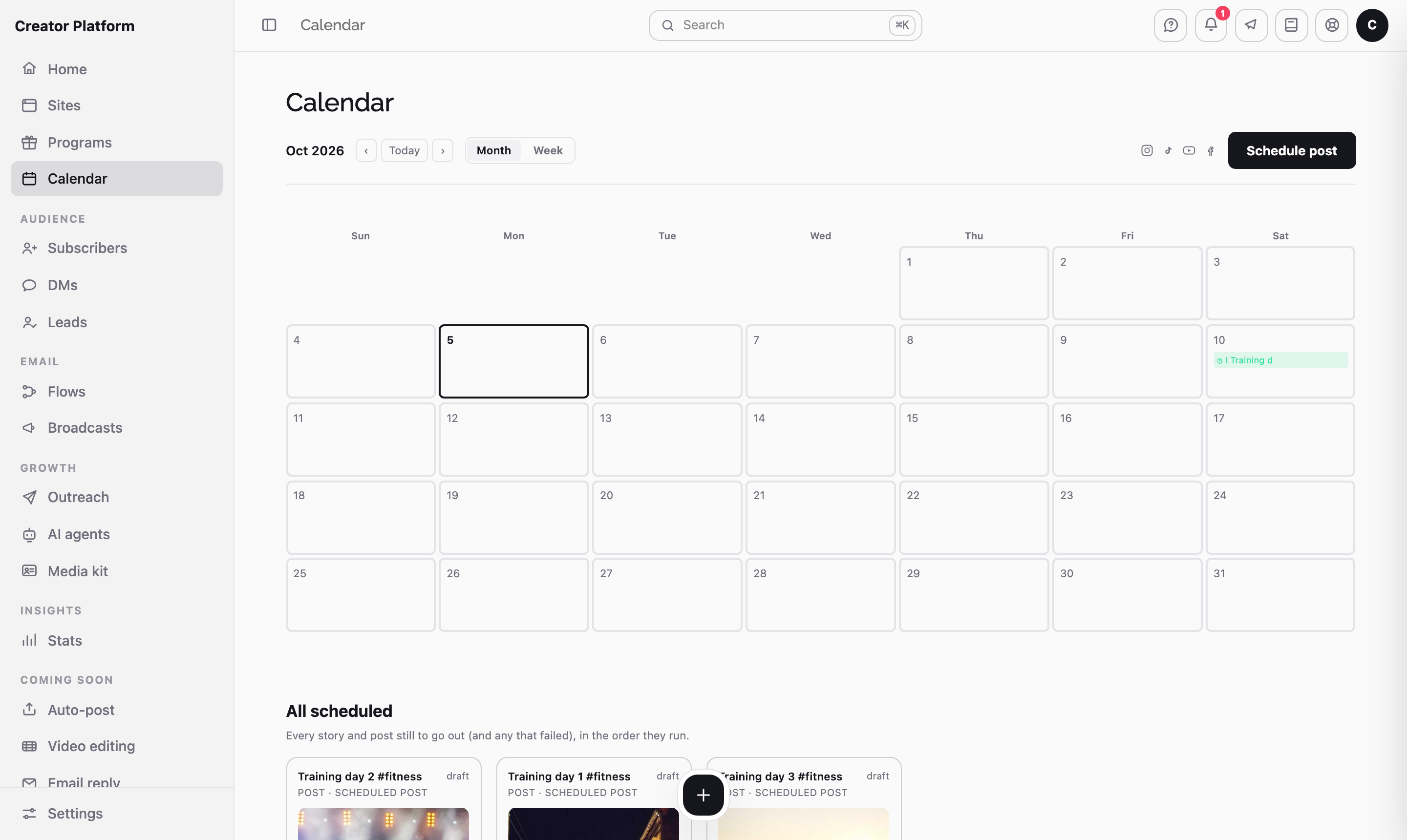 The Content calendar screen