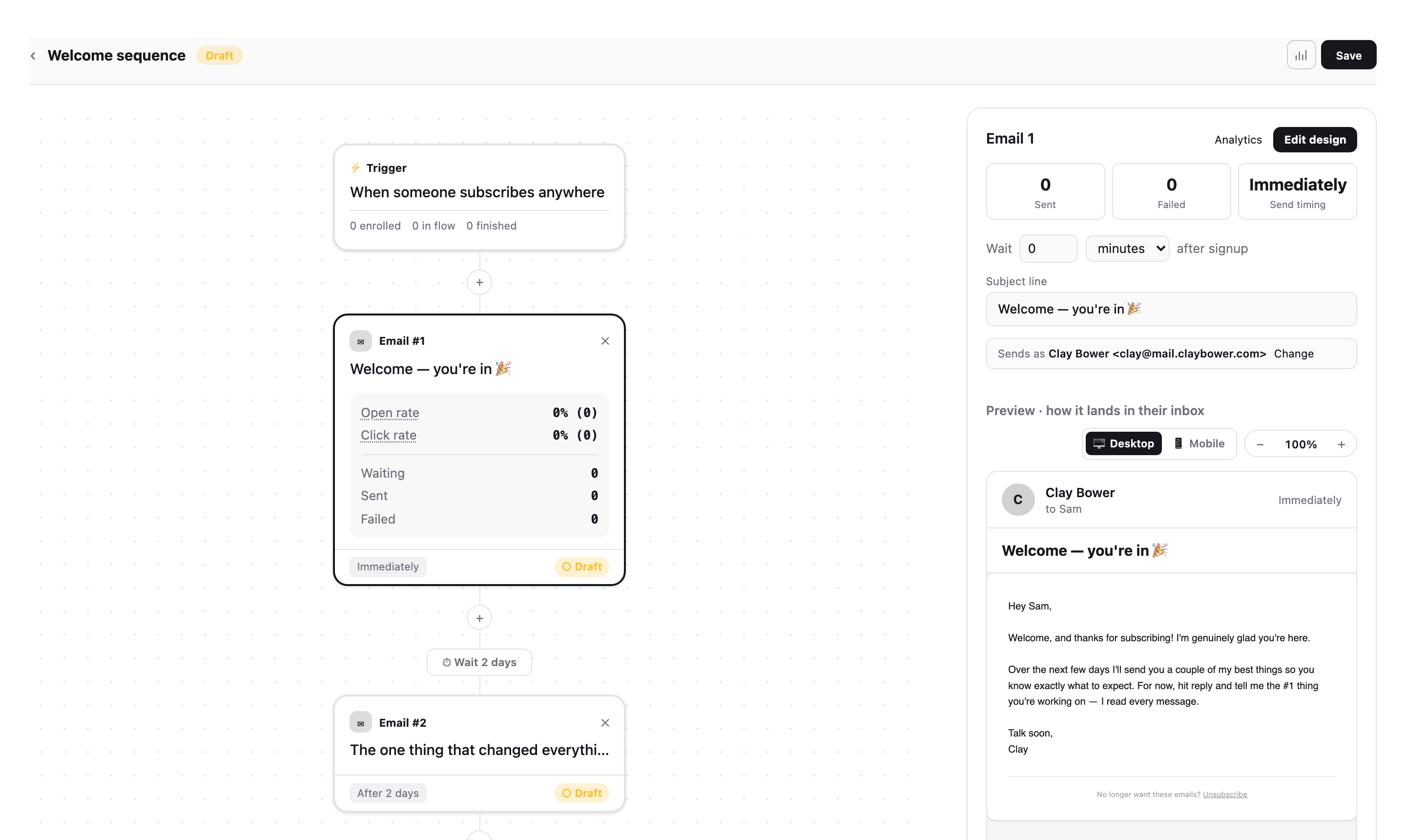 The Email flows screen