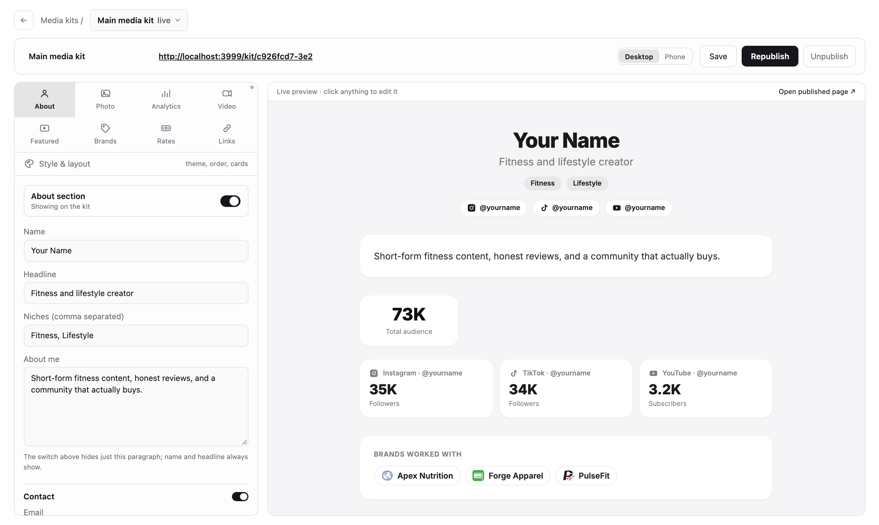 The Media kit screen